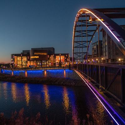 Downtown bridge to Pablo lit up at night 